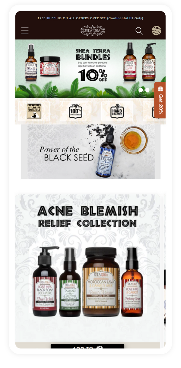 Shopify store design for an organic skincare brand, mobile view