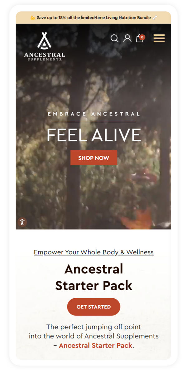 Shopify store design for a wellness supplements brand, mobile view