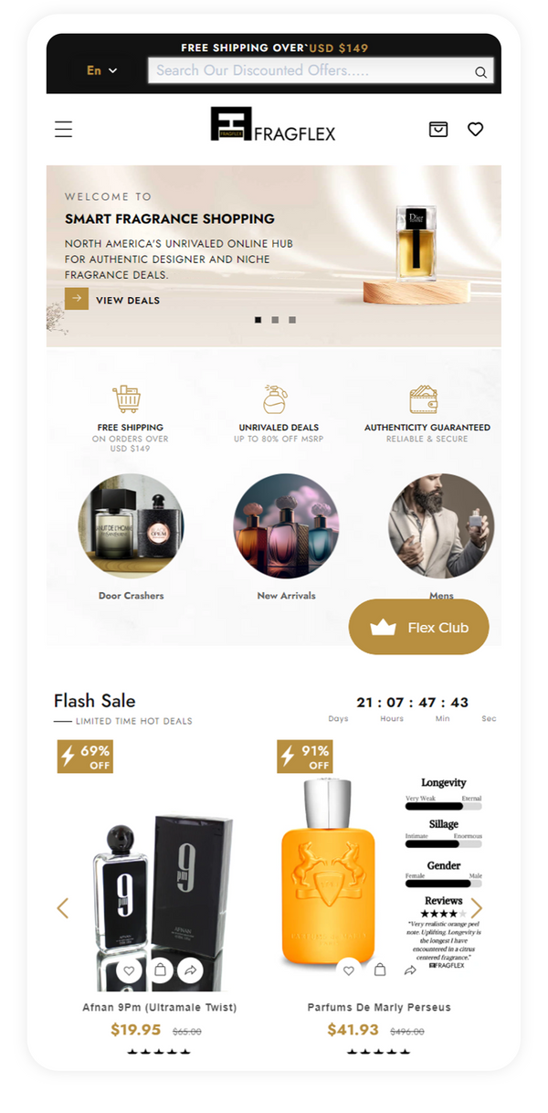 Shopify store design for a fragrance retailer, mobile view