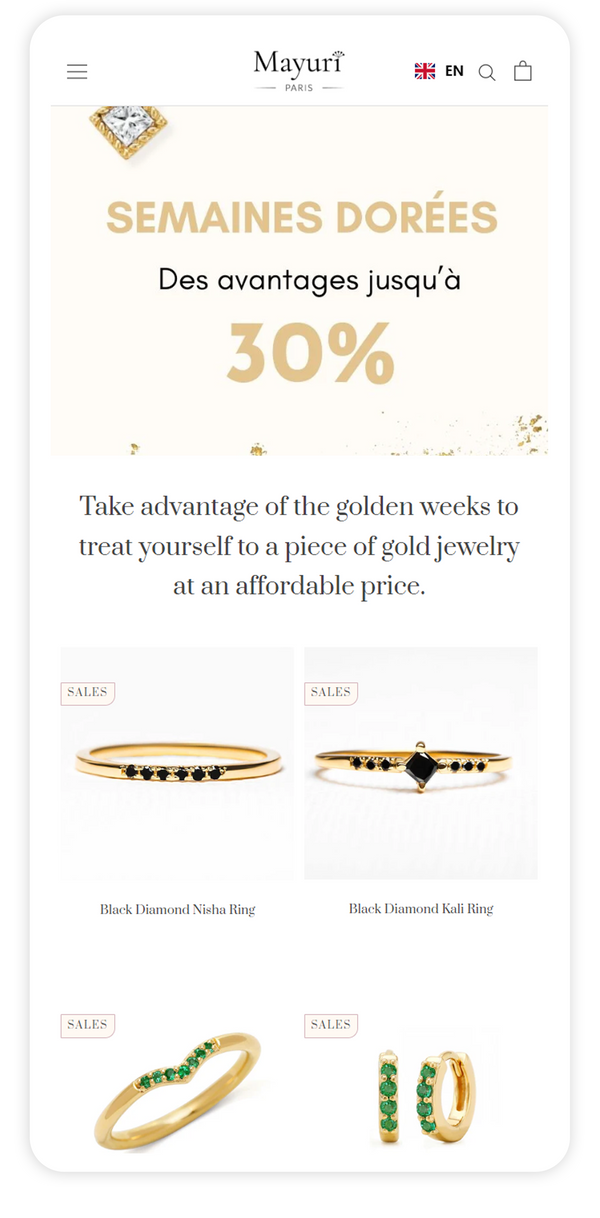 Shopify store design for a jewelry brand, mobile view