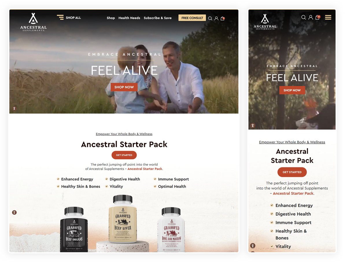 Shopify store design for a wellness supplements brand, desktop and mobile view