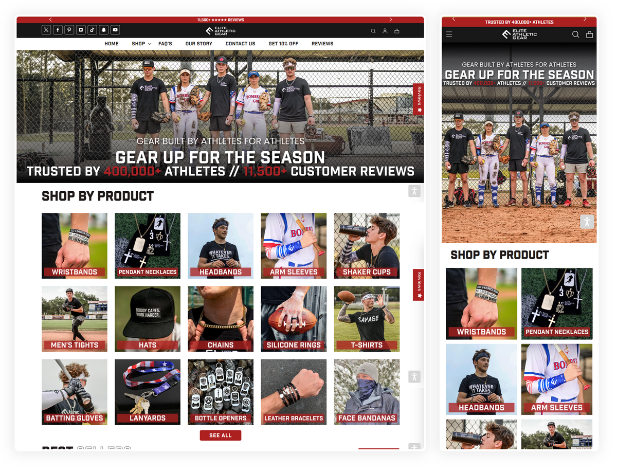 Shopify store design for an athletic gear brand, desktop and mobile view