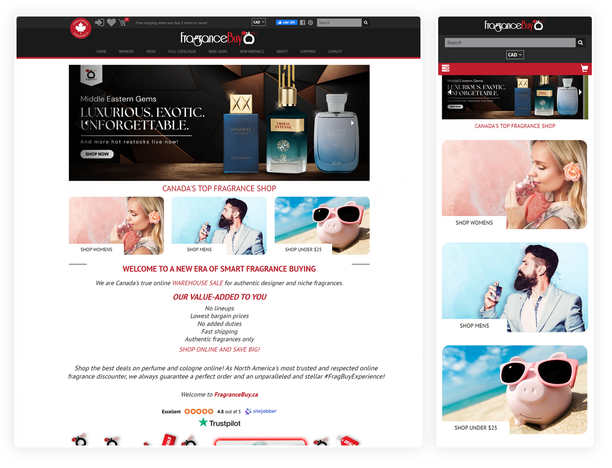 Shopify store design for a fragrance retailer, desktop and mobile view